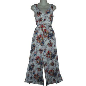 G by Giuliana XS Stretch Knit Jumpsuit high waist wide leg White Floral coral